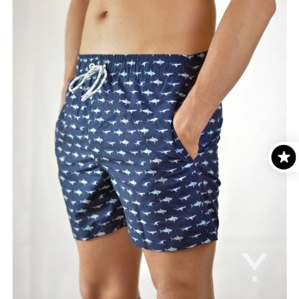 Men’s Atlantis Swim Shorts Trunks. Navy with sharks. Pockets. Drawstring